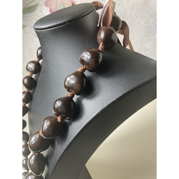 Genuine Kukui Tree Nut Necklace With Brown Ribbon #1 - Picture 2 of 3